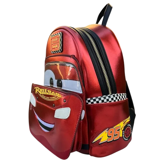 Red backpack with character face design on a white background