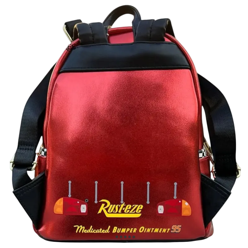 Red backpack with Rusteze Medicated Bumper Ointment branding on a white background