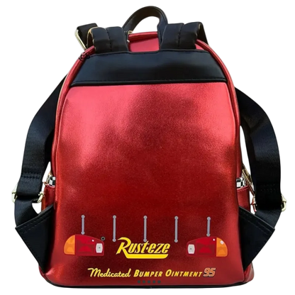 Red backpack with Rusteze Medicated Bumper Ointment branding on a white background