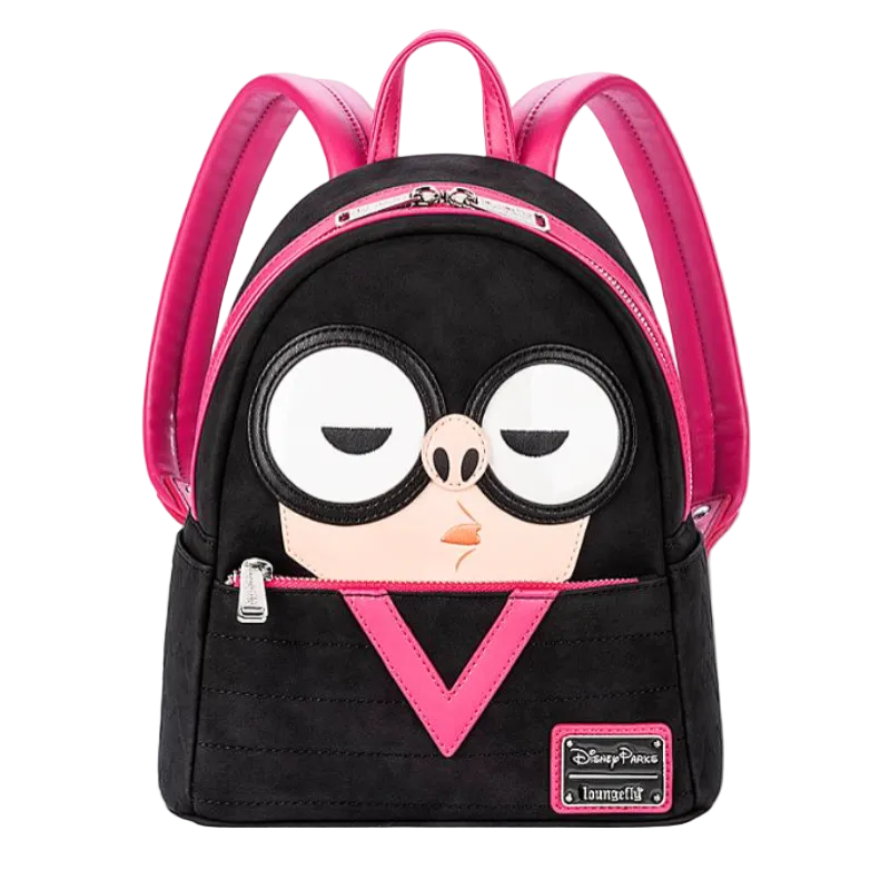 Black backpack with pink accents and cartoon face design on a white background