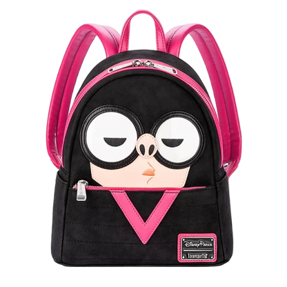 Black backpack with pink accents and cartoon face design on a white background