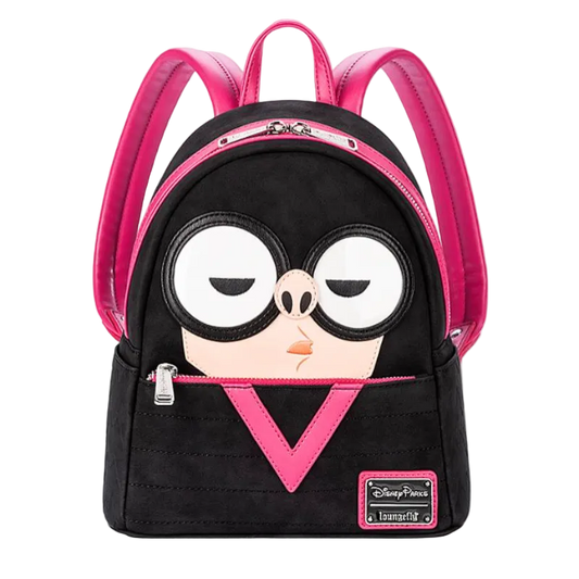 Black backpack with pink accents and cartoon face design on a white background
