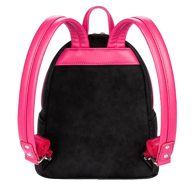 Black backpack with pink straps on a white background