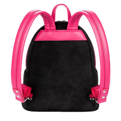 Black backpack with pink straps on a white background