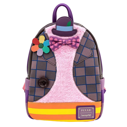 Colorful backpack with a bow tie and flower design on a white background