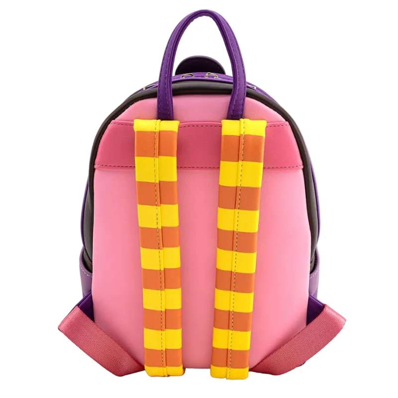 Pink backpack with purple handle and yellow straps on a white background