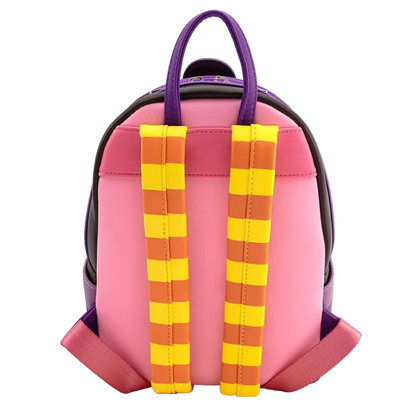 Pink backpack with purple handle and yellow straps on a white background