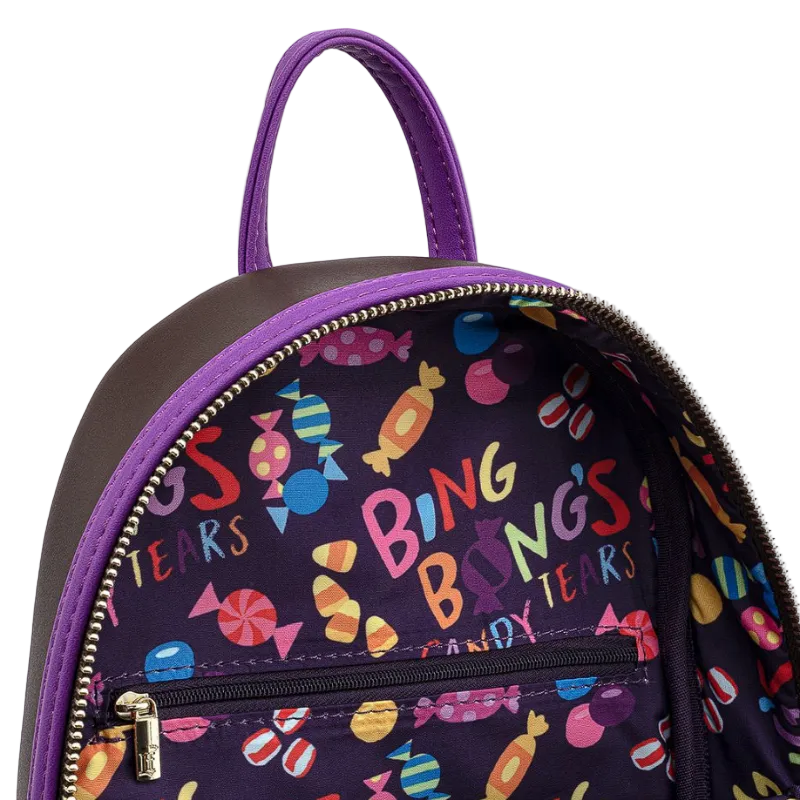 Backpack with colorful candy and 'Bing Tears' text pattern on a dark background