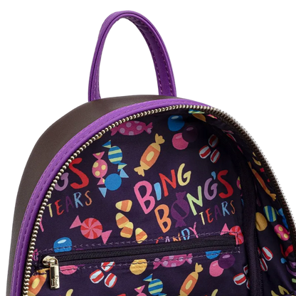 Backpack with colorful candy and 'Bing Tears' text pattern on a dark background