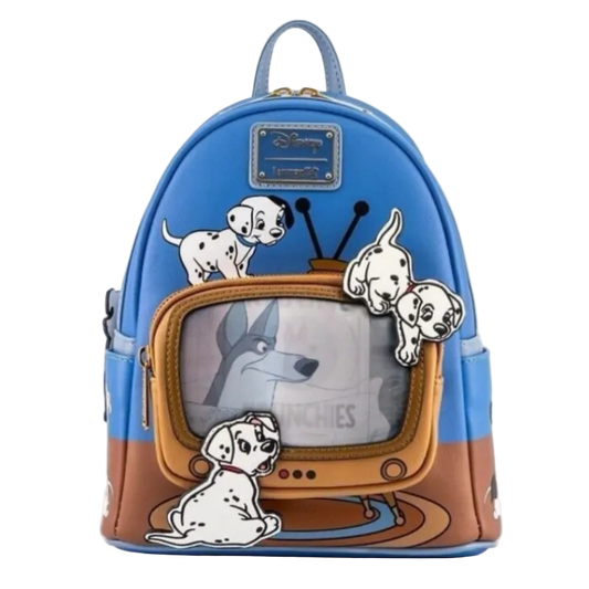 Backpack with Dalmatian dog design and TV screen on a white background
