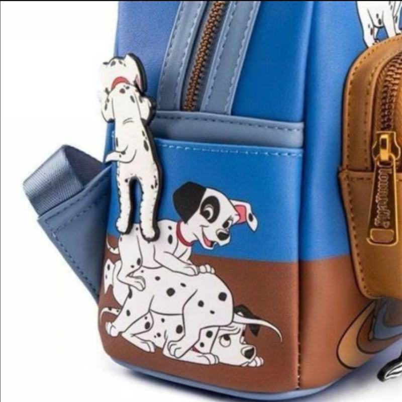 Blue and brown backpack with Dalmatian dog illustrations on a white background