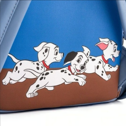 Cartoon Dalmatian dogs on a blue and brown background