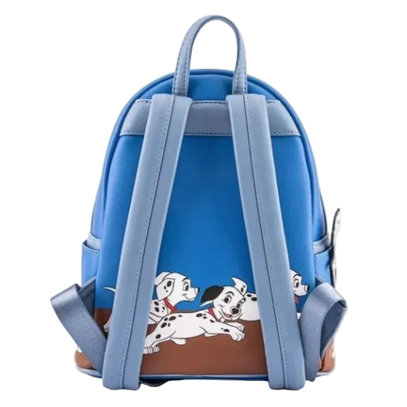 Blue backpack with cartoon dog design on a white background