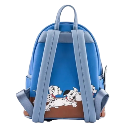Blue backpack with cartoon dog design on a white background