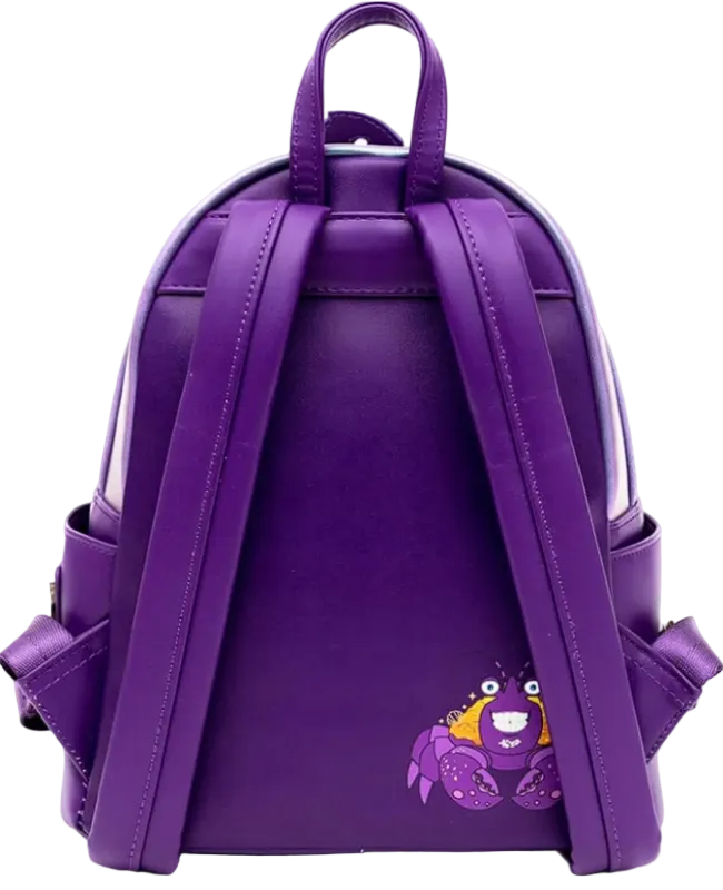 Purple backpack with a cartoon character on a white background