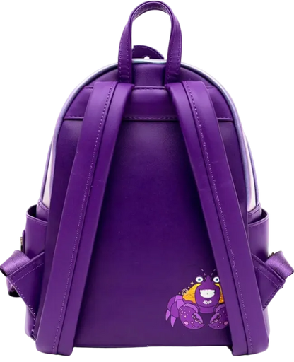 Purple backpack with a cartoon character on a white background