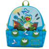Backpack with cartoon frog design on a blue background