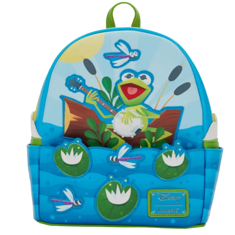 Backpack with cartoon frog design on a blue background