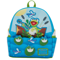 Backpack with cartoon frog design on a blue background