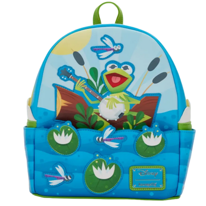 Backpack with cartoon frog design on a blue background