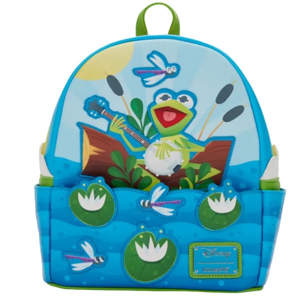 Backpack with cartoon frog design on a blue background