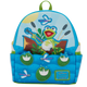 Backpack with cartoon frog design on a blue background