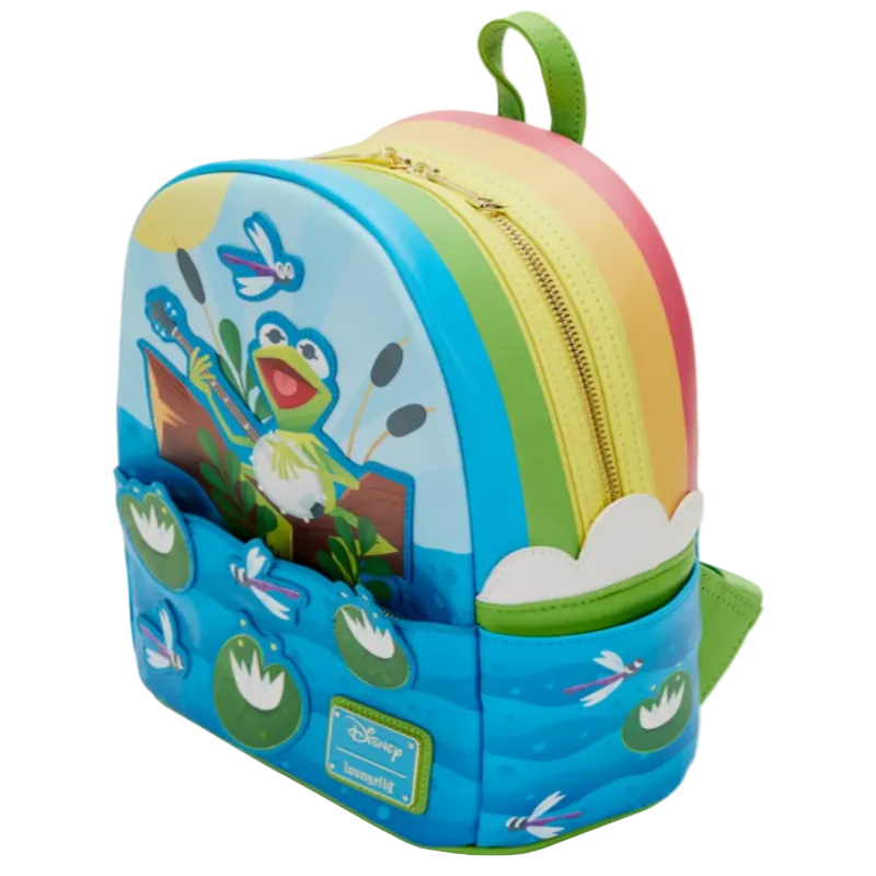Colorful backpack with cartoon character design on a white background