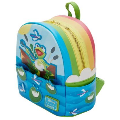 Colorful backpack with cartoon character design on a white background