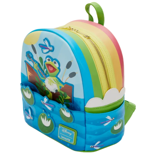 Colorful backpack with cartoon character design on a white background