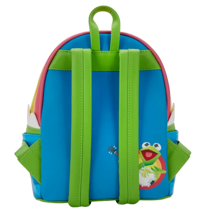 Colorful children's backpack with green straps on a white background