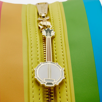Colorful striped pouch with a gold zipper and banjo-shaped keychain on a multicolored background