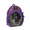 Purple sequin Loungefly mini backpack with a lenticular Maleficent panel framed by sculpted thorns
