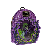 Purple sequin Loungefly mini backpack with a lenticular Maleficent panel framed by sculpted thorns