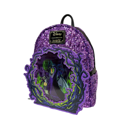 Purple glittery backpack with Disney design on a white background