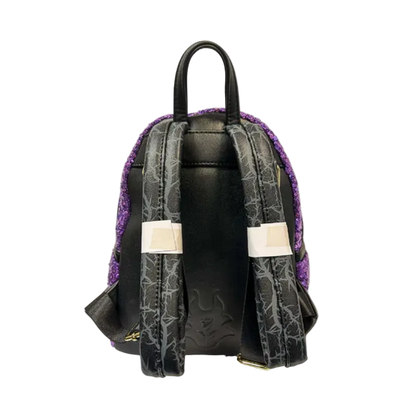Black backpack with purple trim and spider web design on a white background