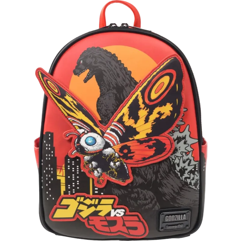Backpack with Godzilla and Mothra design on a white background
