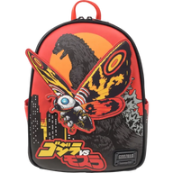 Backpack with Godzilla and Mothra design on a white background