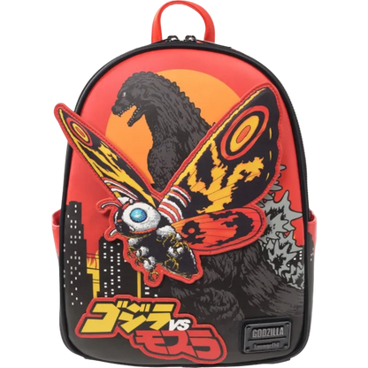 Backpack with Godzilla and Mothra design on a white background