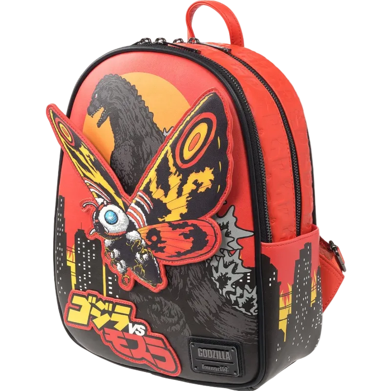 Backpack with Godzilla and Mothra design on a white background
