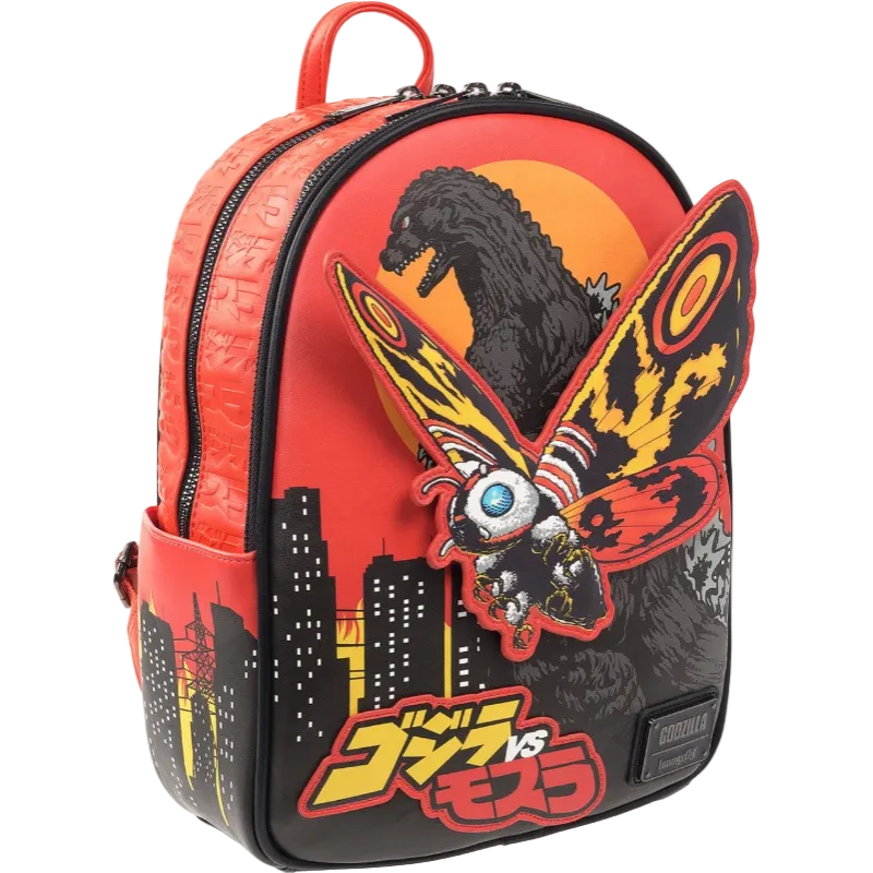 Backpack with Godzilla and Mothra design on a red background