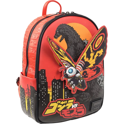 Backpack with Godzilla and Mothra design on a red background
