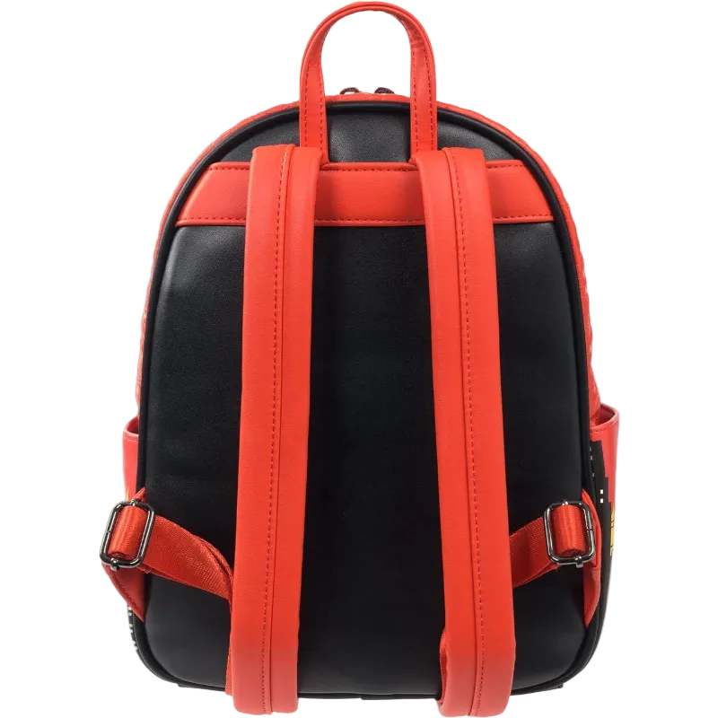 Black backpack with red straps on a white background