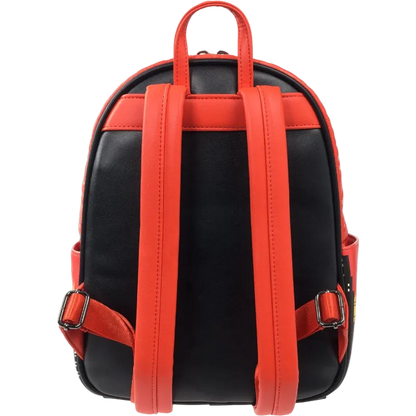 Black backpack with red straps on a white background
