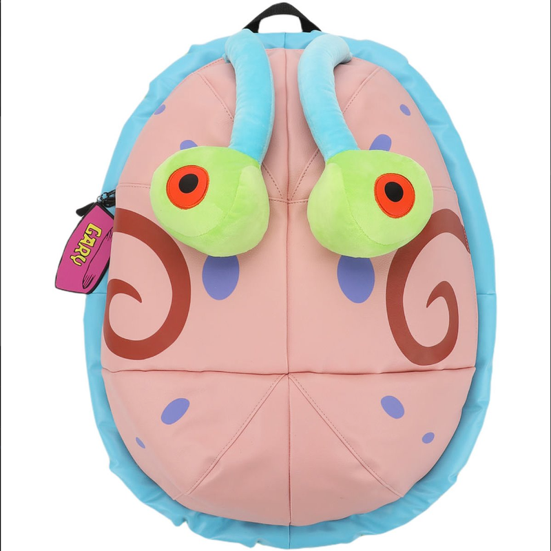 Children's backpack designed like a cartoon character with large eyes and a pink face.
