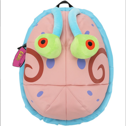 Children's backpack designed like a cartoon character with large eyes and a pink face.