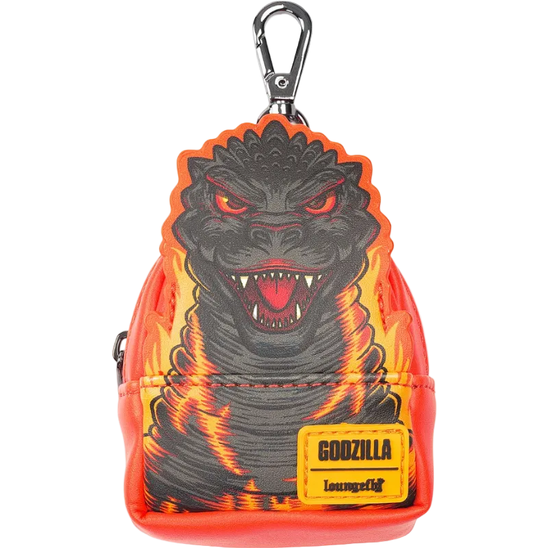 Godzilla keychain with flames and a carabiner on a white background