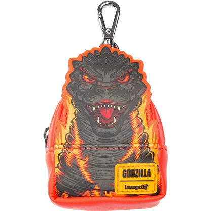 Godzilla keychain with flames and a carabiner on a white background
