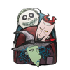 Loungefly Nightmare Before Christmas mini backpack with Lock, Shock and Barrel artwork across three front zip pockets