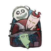 Loungefly Nightmare Before Christmas mini backpack with Lock, Shock and Barrel artwork across three front zip pockets
