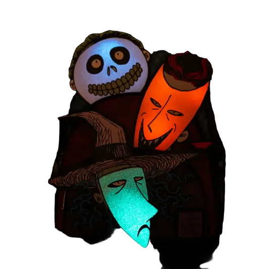 Three glowing masks in different colors on a dark background 